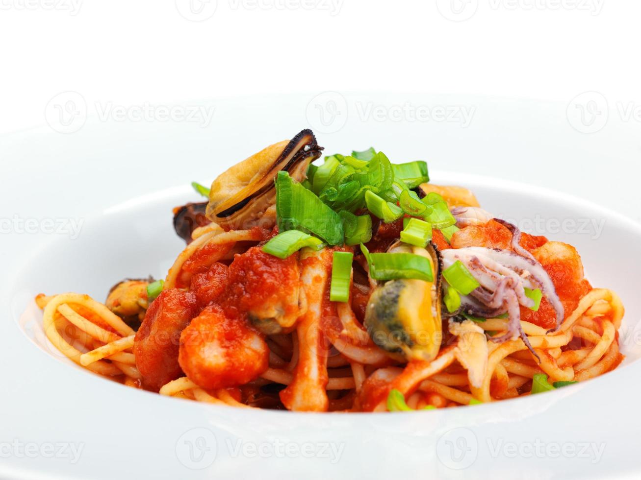 Pasta with shrimps, herbs and mashrooms photo