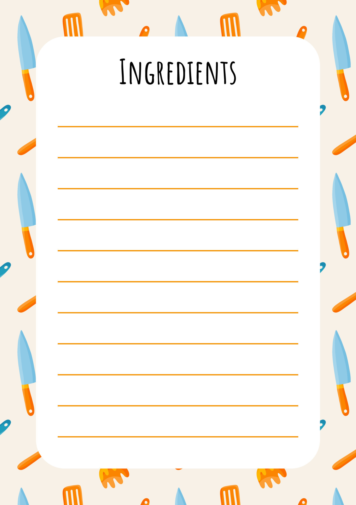 Printed ingredients template with kitchen utensils for cooks and Printed ingredients template with kitchen utensils for cooks and