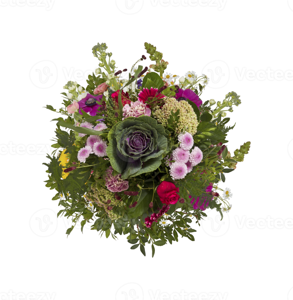 Bouquet of different varieties of flowers, top view with cut out isolated on background transparent png