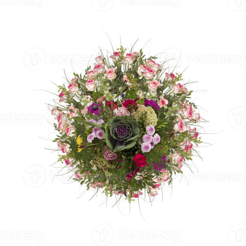 Bouquet of different varieties of flowers, top view with cut out isolated on background transparent png