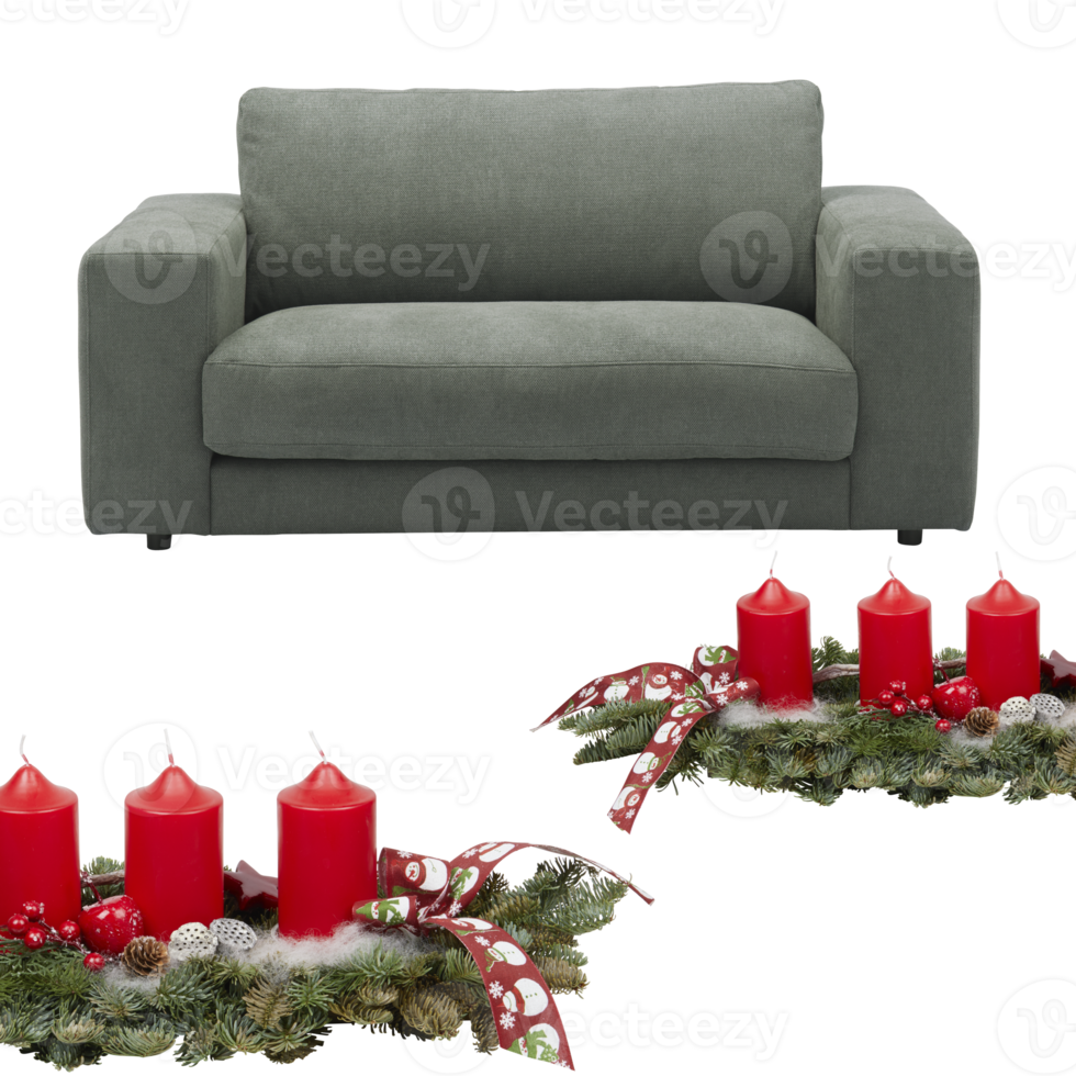 Red candle sofa and Christmas wreath with cut out isolated on background transparent png