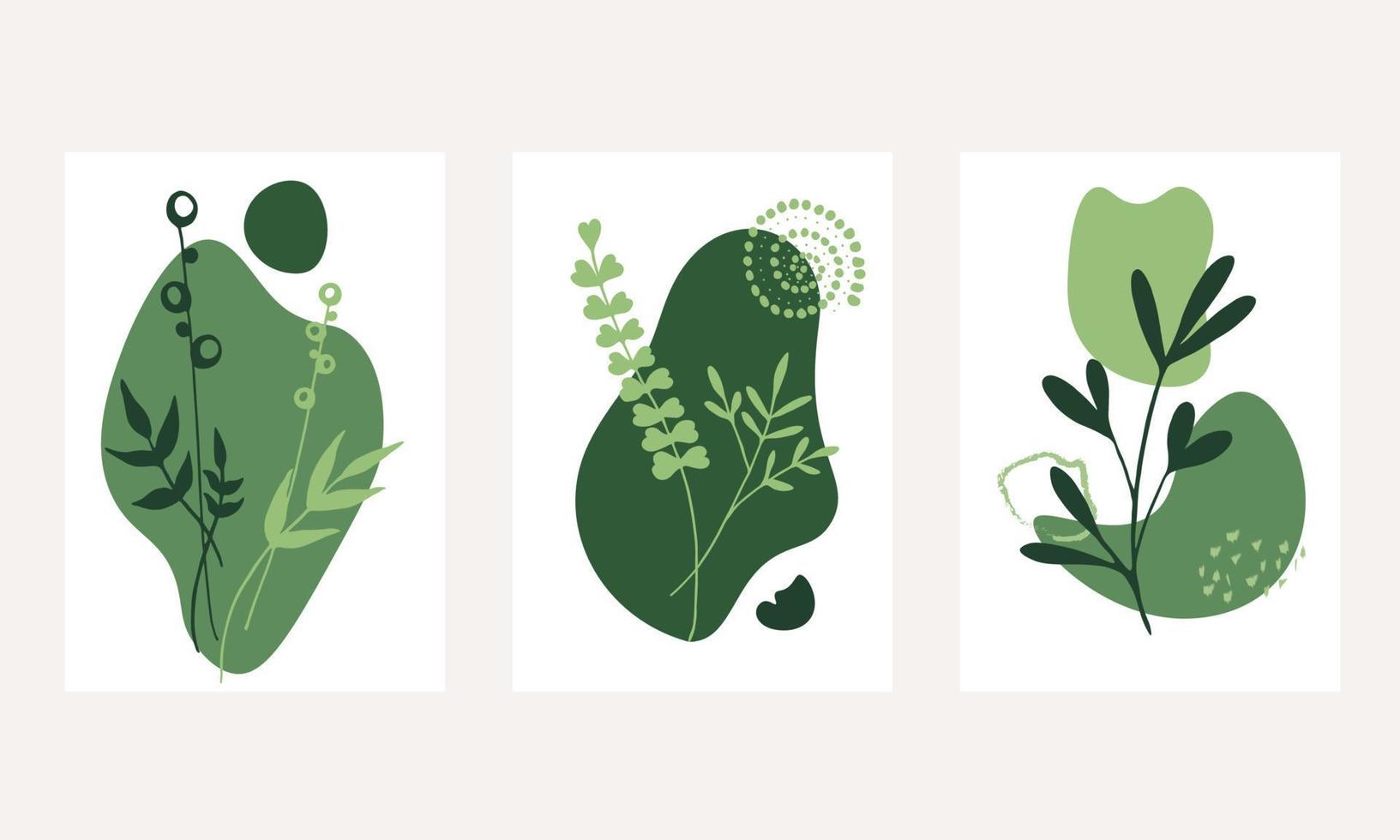 Set of creative green minimalist hand drawn illustrations. Perfect for wall decoration, greeting card, story, banner, icon, postcard or brochure cover design. Hand draw vector design elements.