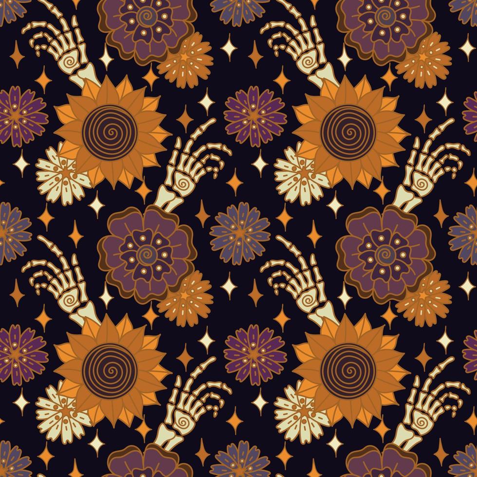 Boho Halloween bones and fall groovy flowers vintage magic seamless pattern. Skeleton hand brush and sunflowers vector illustration in retro 70s style.