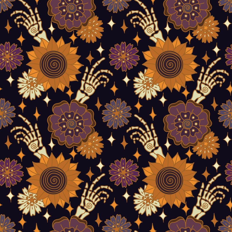 Boho Halloween bones and fall groovy flowers vintage magic seamless pattern. Skeleton hand brush and sunflowers vector illustration in retro 70s style.