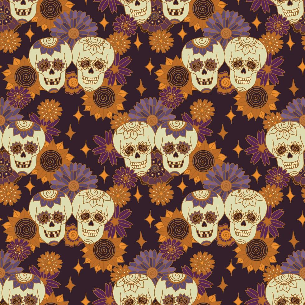 Boho Halloween Fall Magic Seamless Pattern vector hand drav illustration. Skull head and mystic vintage fall flowers in a retro style. Repeating magical pattern on a dark purple background.