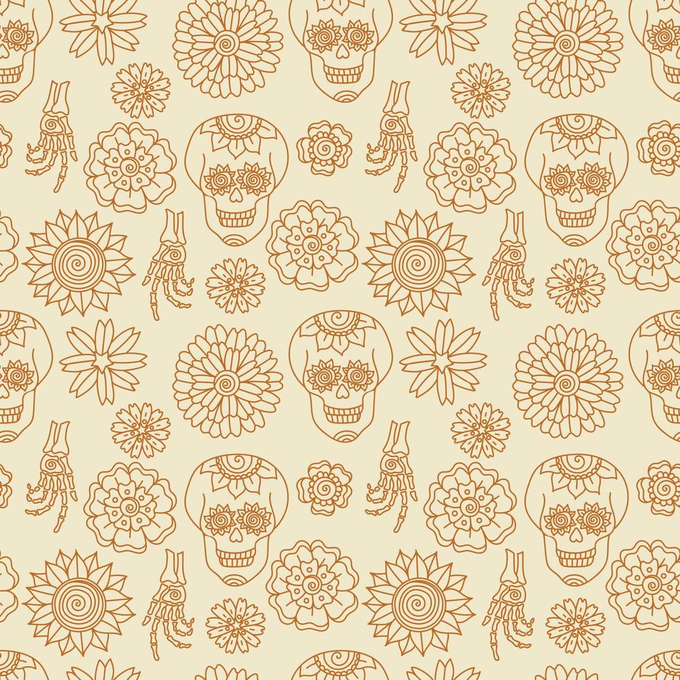 Flowers and Bones seamless pattern. Boho Halloween vector illustration. Skull and hands skeleton.
