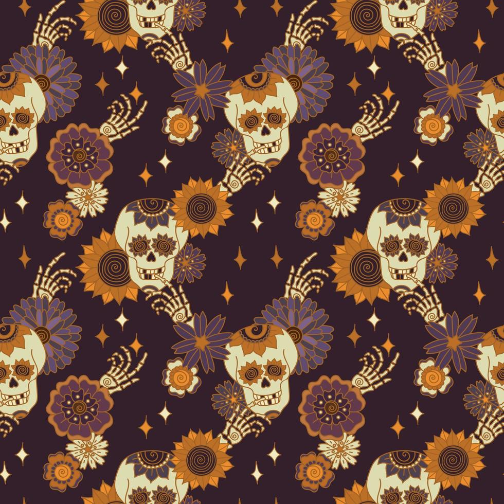 Boho hallowen a mystical seamless pattern with a skull and hand bones. Floral magical background in a retro style. Mystical vector illustration of stars and sunflowers.