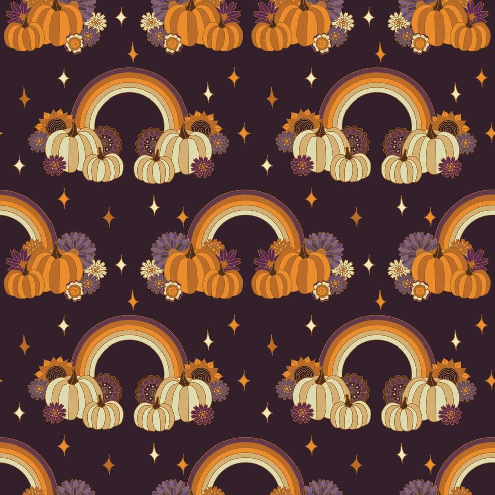 Pumpkins and rainbows boho halloween seamles pattern. Fall groovy flowers 70s retro style vector illustration purple background.