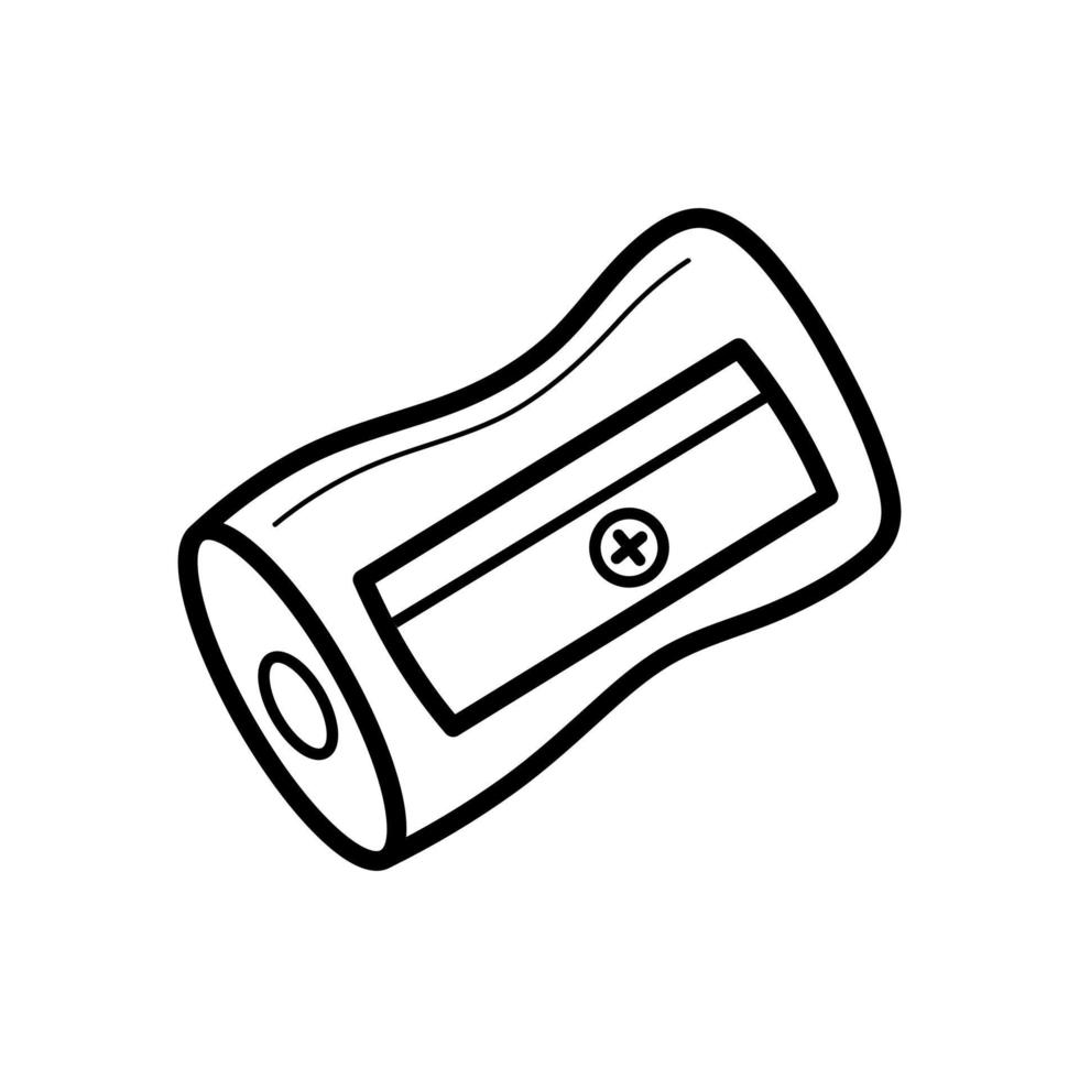 Sharpener for pencils. Tool with metal blade for school and drawing. Hand drawn sketch icon. Isolated vector illustration in doodle line style.