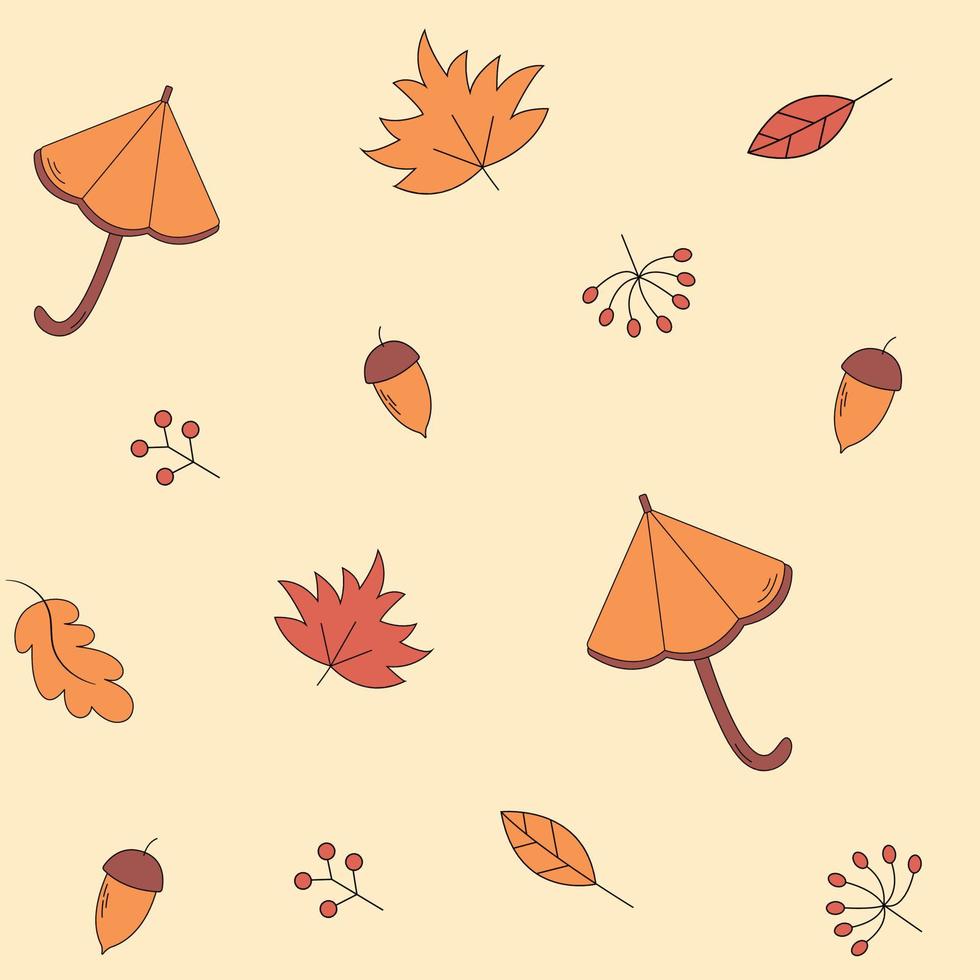 hojas de otoño de dibujos animados vectoriales y patrones sin fisuras de paraguas, imagen de fondo de pantalla de garabato lindo sobre fondo amarillo, hola patrón de otoño. vector