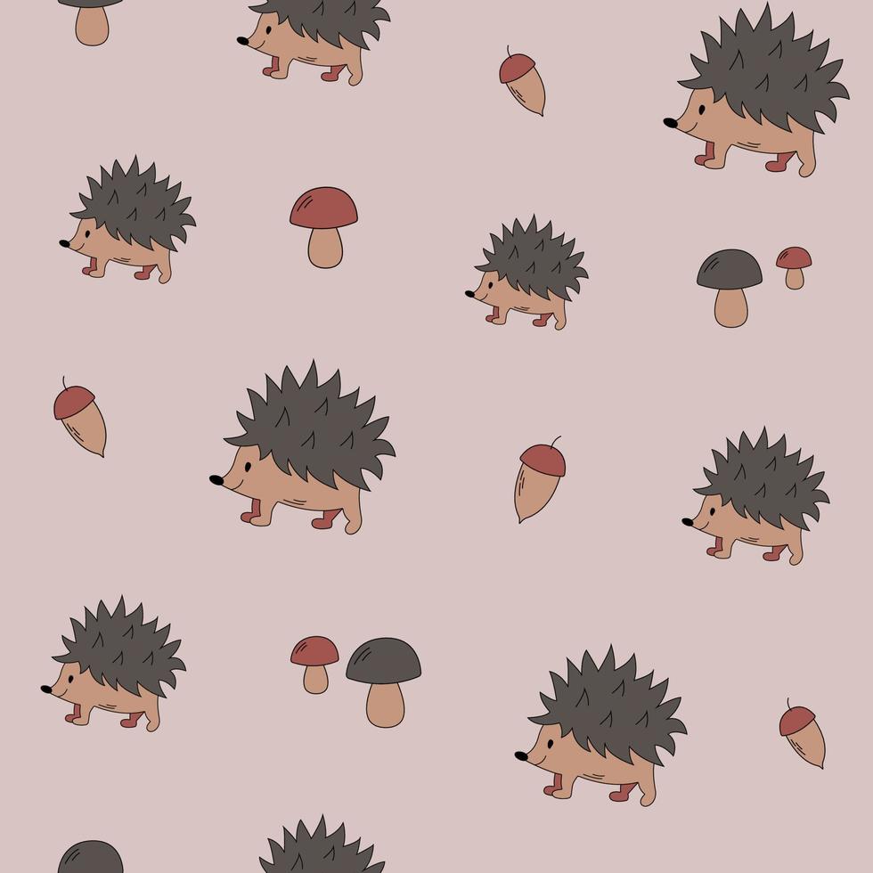 Cute cartoon little hedgehog pattern. Vector brown hedgehog pattern with mushrooms and acorns.