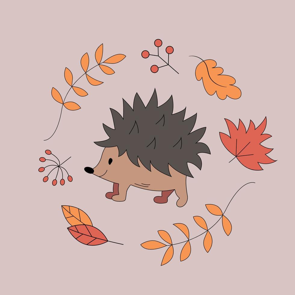 Cute cartoon little happy hedgehog. Vector brown hedgehog icon with falling autumn leaves and berries.