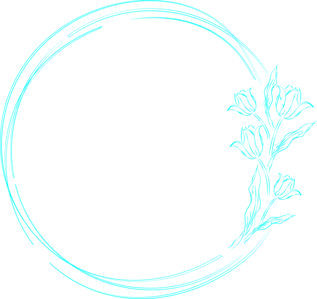 A group of circles overlapping together in light blue with some side flowers on a transparent background png