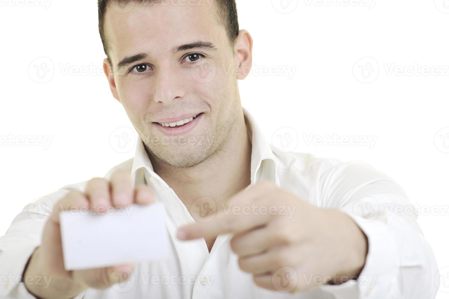 young business man with empty card isolated on white photo