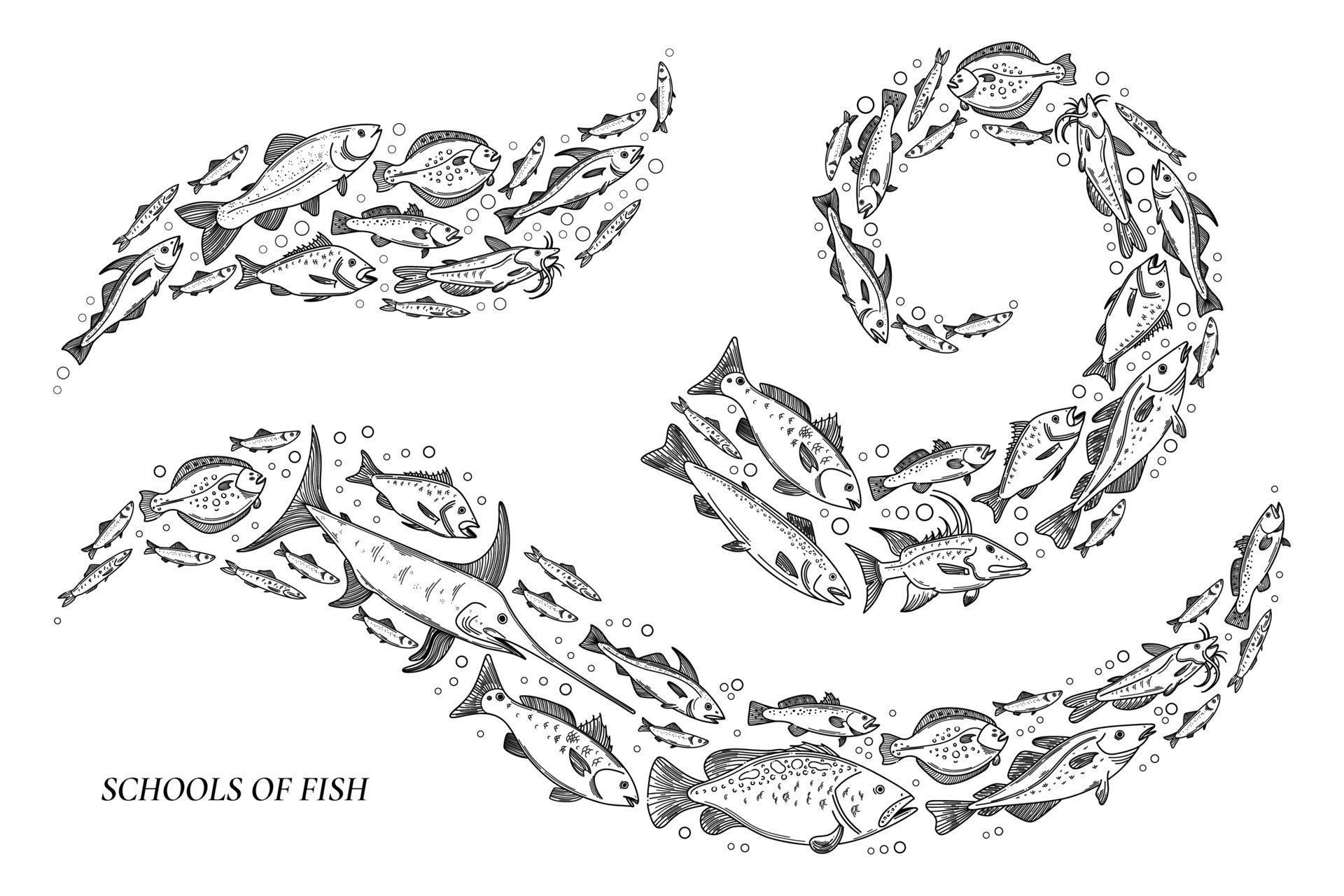 Fish wave composition. Decorative flock of fish. Vector illustration of