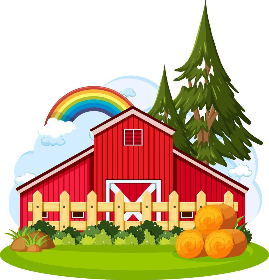 Farm barn with tree and rainbow vector