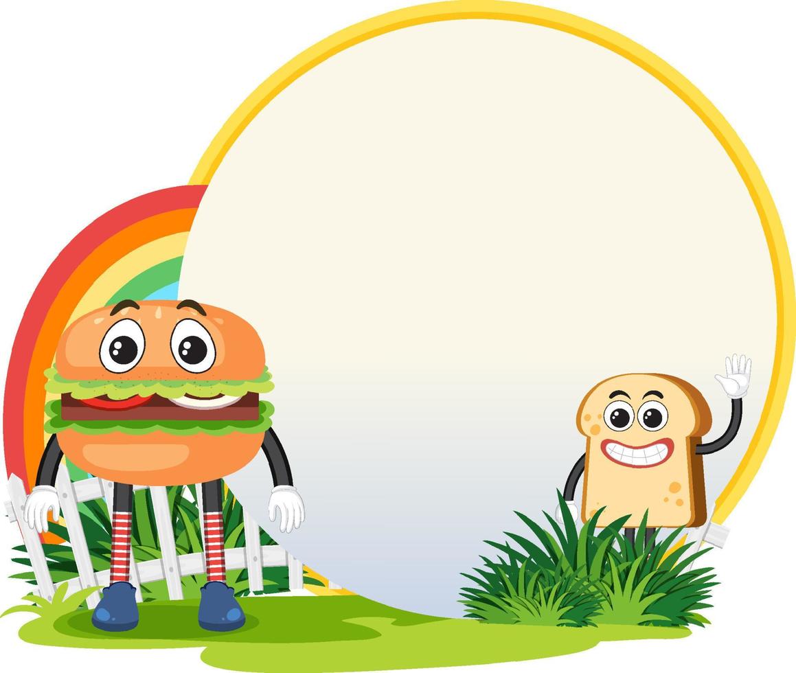 Funny food cartoon character in garden banner vector