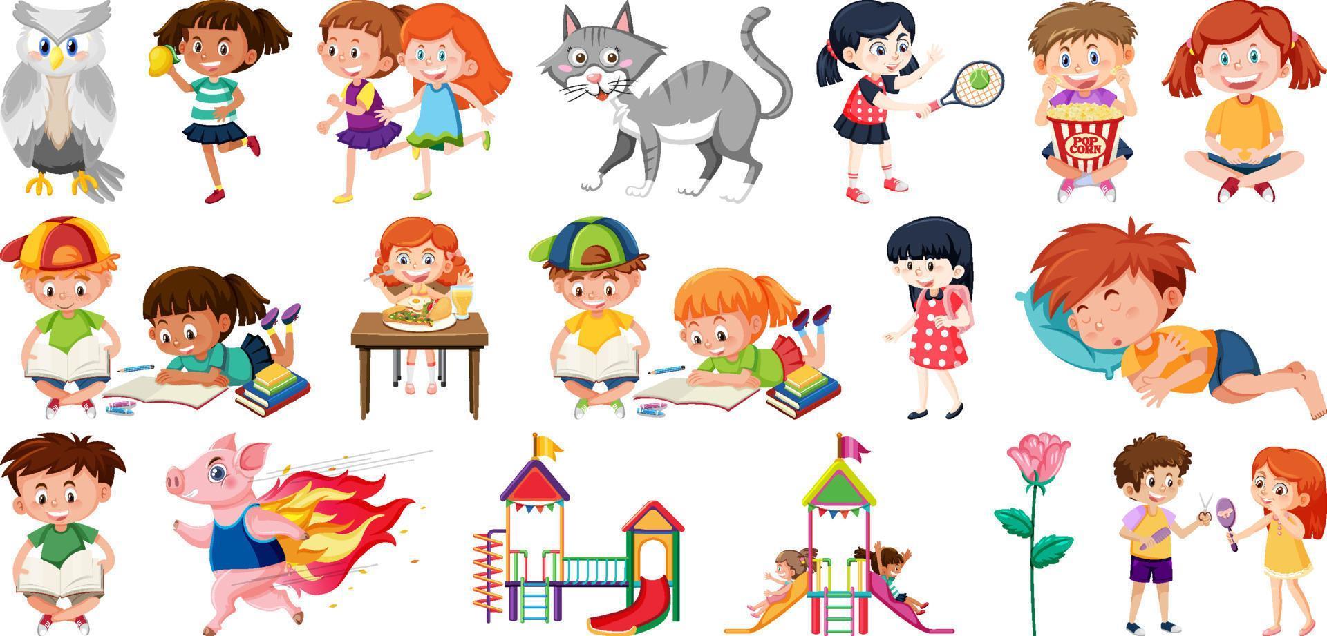 Set of different cute kids and objects vector