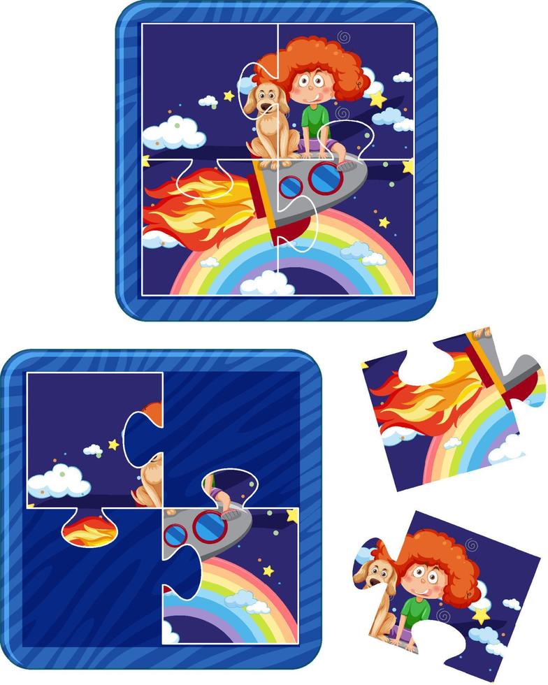 Girl with her dog in space photo jigsaw puzzle game vector