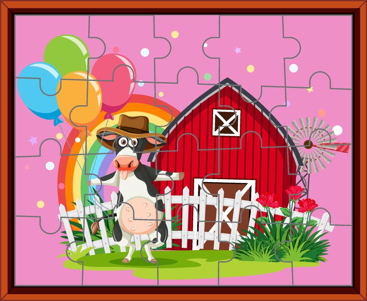 plantilla de juego de rompecabezas de foto de granja de vacas vector