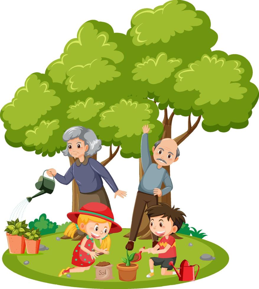 Elderly coupple with their grandchildren gardening vector