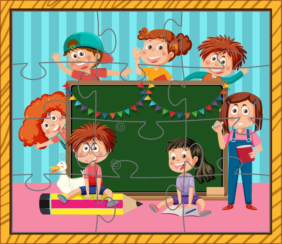 School kids photo jigsaw puzzle game vector