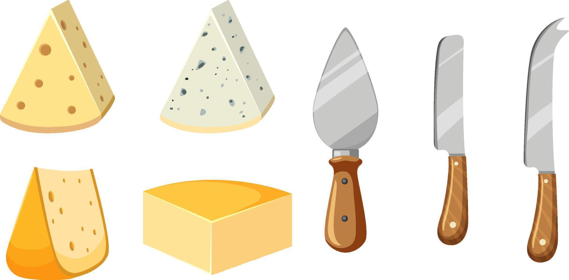 cuatro quesos diferentes con herramientas para cortar queso vector