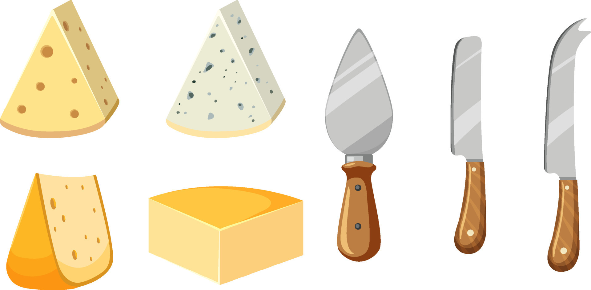 Four different cheese with cheese cutting tools 10959235 Vector Art at