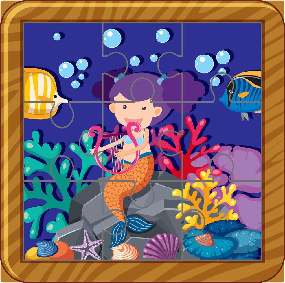 Mermaid photo jigsaw puzzle game template vector