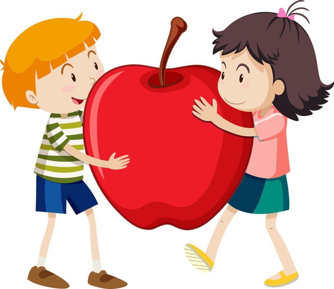 Two kids hugging an apple together vector