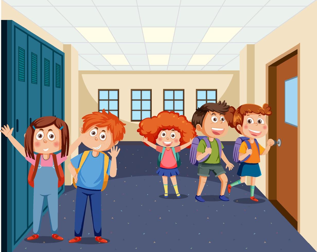 School locker room with student kids vector