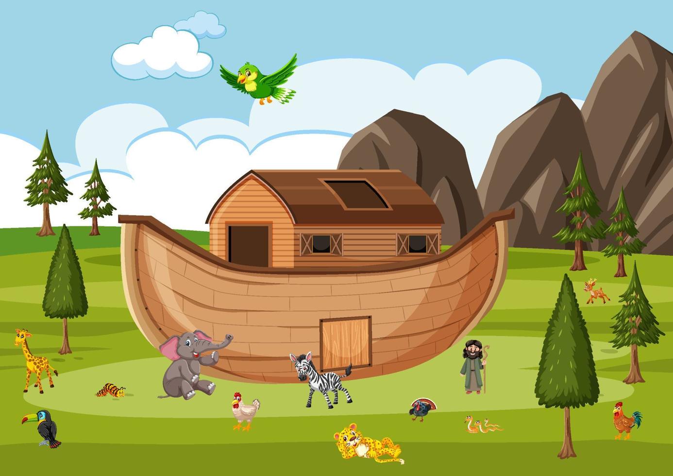 Noah's Ark with wild animals in nature scene vector