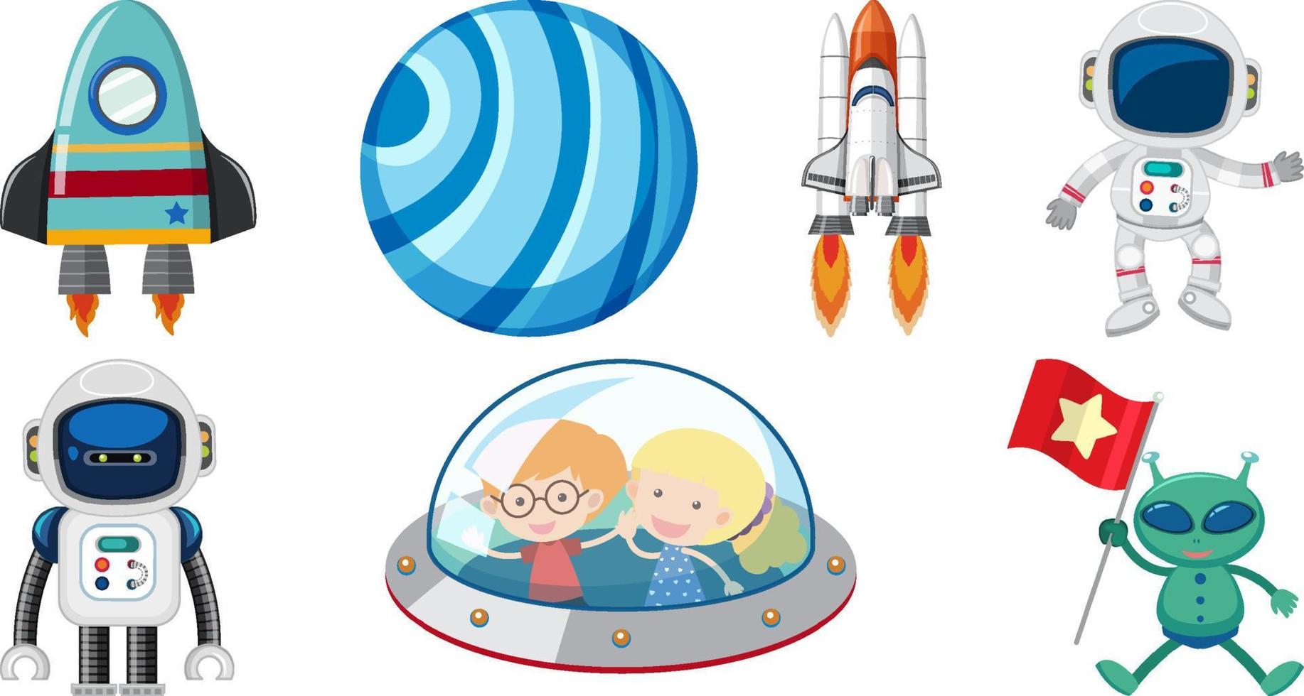 Set of space cartoon characters and objects vector
