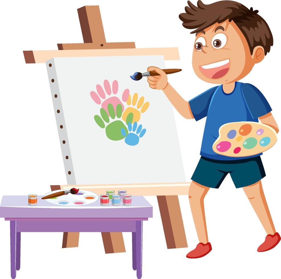 un niño pintando sobre lienzo vector