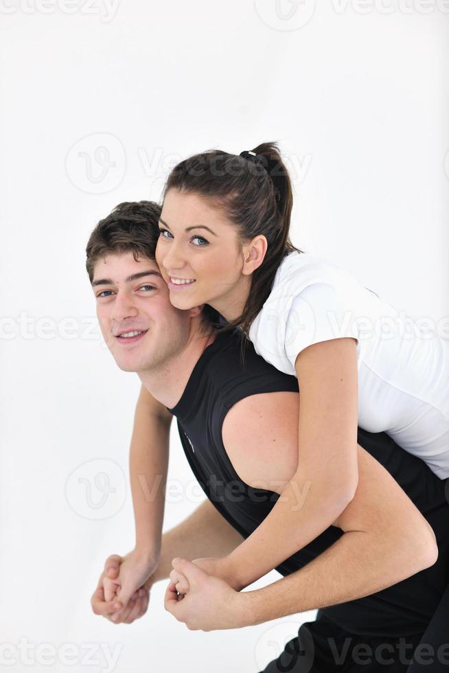 happy young couple fitness workout and fun photo