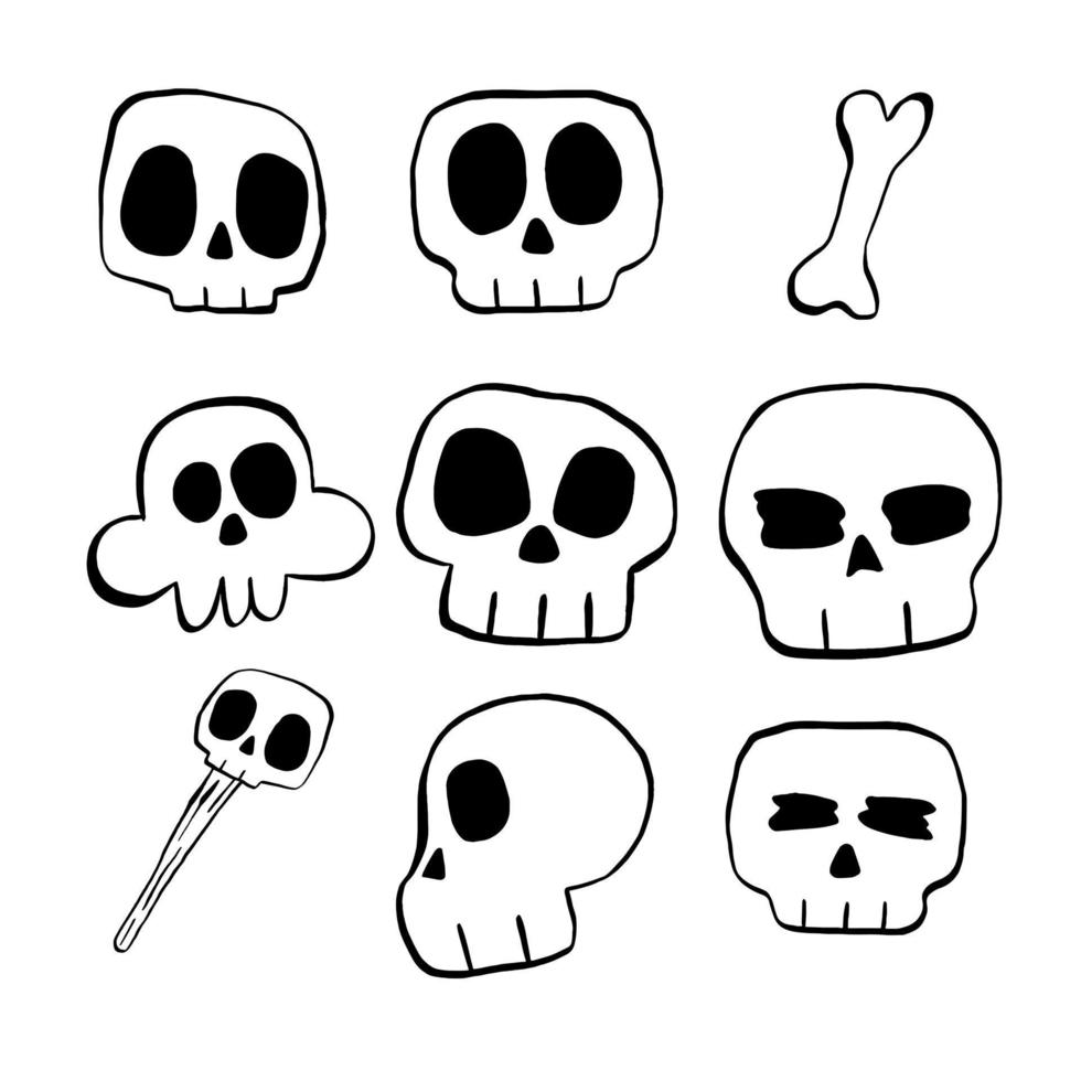 Vector illustration set of Skull cartoon line on white background.