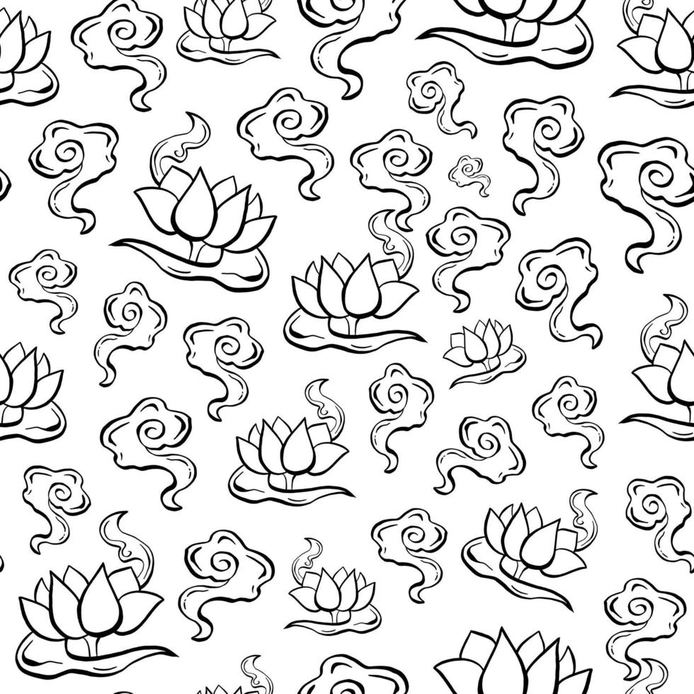 Black line Magic Lotus seamless pattern. Design for paper, covers, cards, fabrics, background and any. Vector illustration.