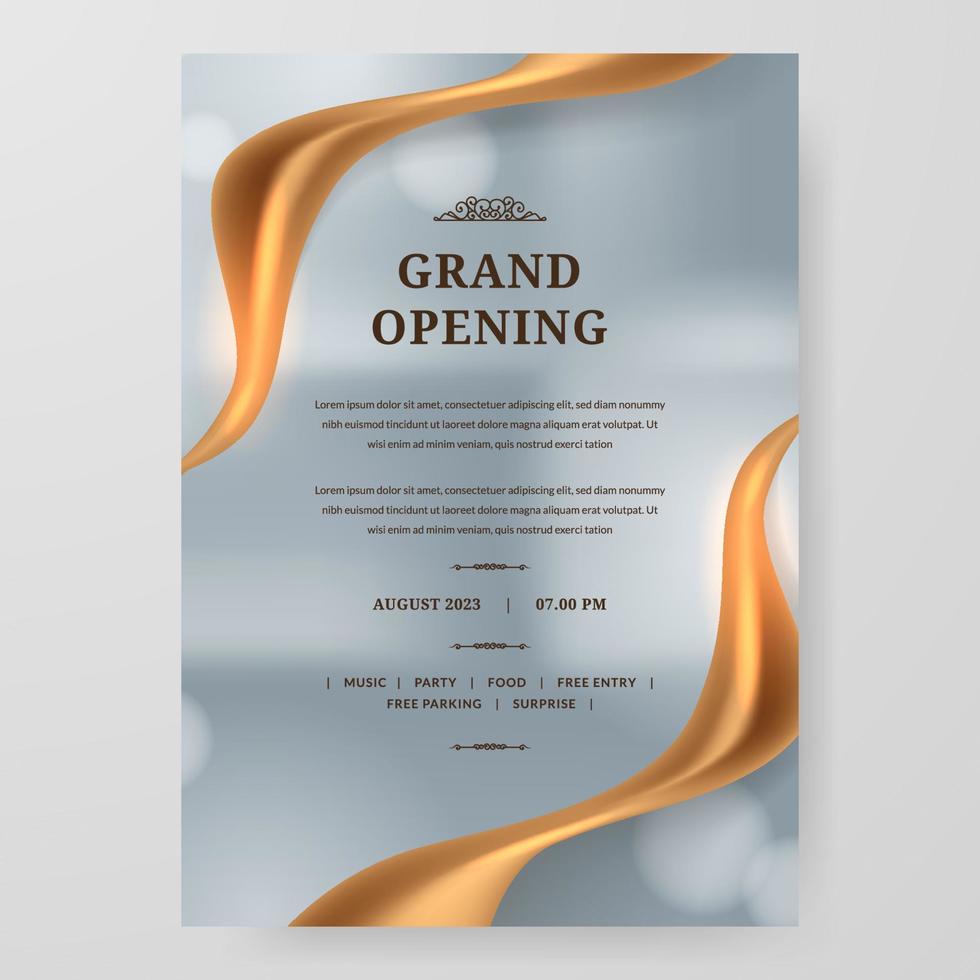 Grand Opening poster celebration with golden fabric satin gold silk ribbon element decoration for luxury elegant vip vector