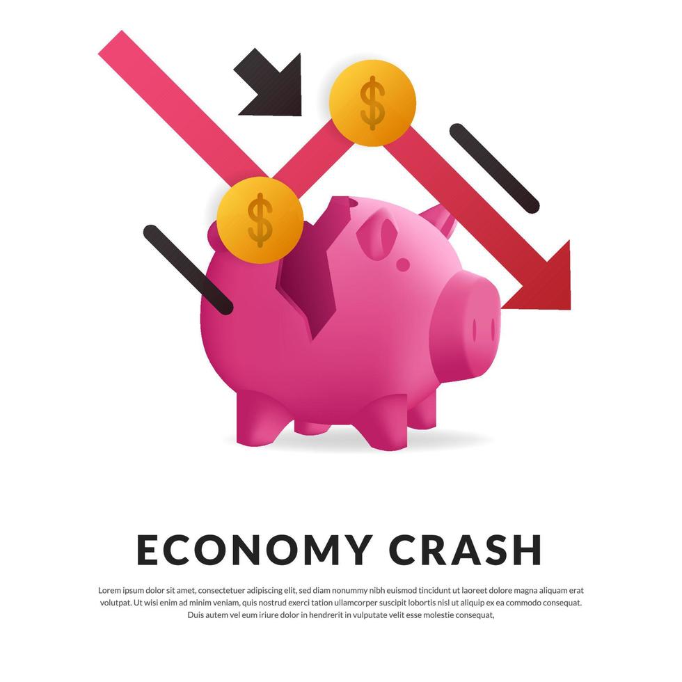 Business Economy Crisis Concept with piggy bank. Arrow decrease lost bankrupt lost income concept vector