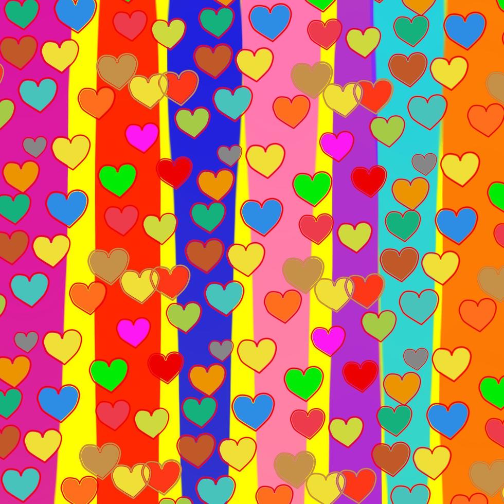 Corazones multicolores sobre fondo de rayas de color, ilustración vectorial vector