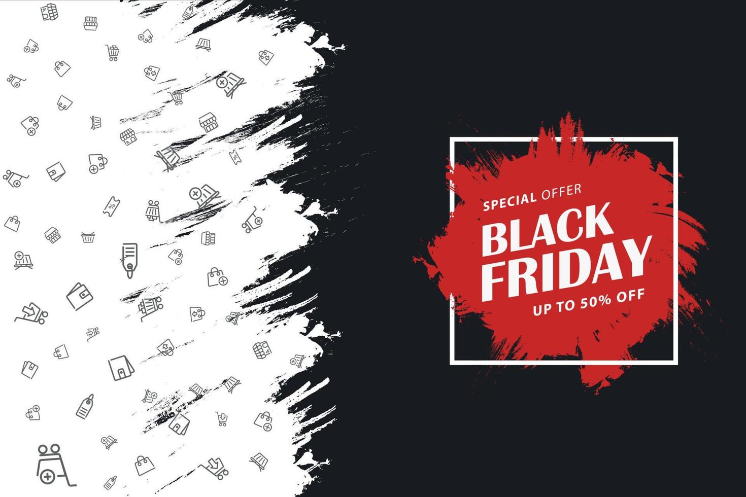 Black Friday Modern Background with abstract brush strokes and shopping icon set vector