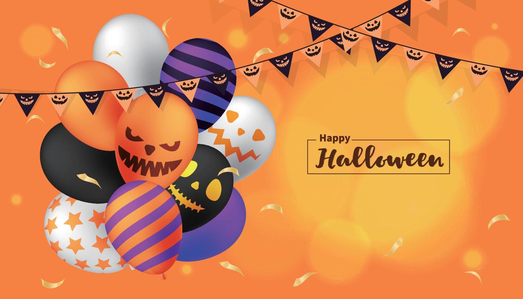 feliz halloween con globos de mueca, banderines, flores de papel y mucha diversión vector