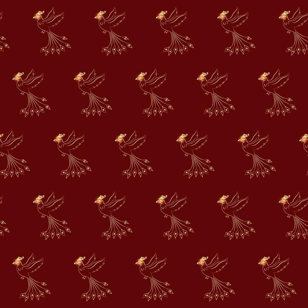 Seamless pattern of Flying up shiny Phoenix on brown dark background. Symbol of rebirth. Vector illustration