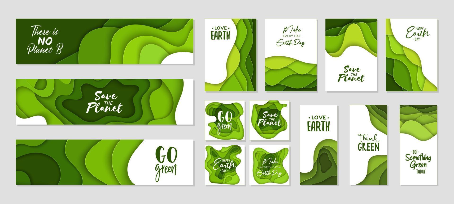 Set of 14 Earth Day abstract graphic organic paper cut shapes. Dynamical waves, fluid. Green banners with flowing lines. Template for banners, flyers or presentation eco typography. vector