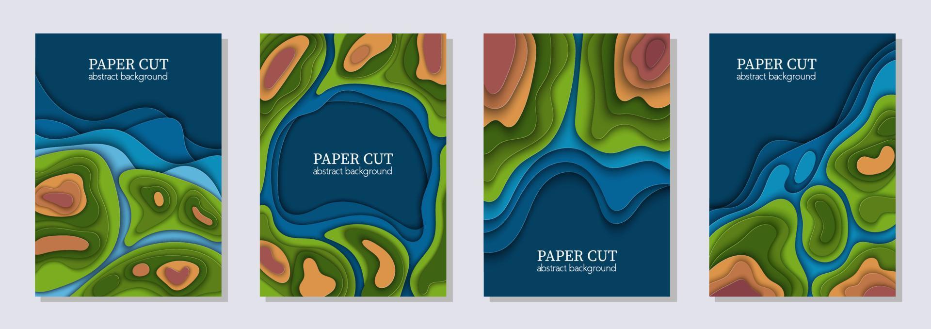Vertical vector set of 4 blue green flyers with paper cut waves shapes, world earth map, ecology. 3D abstract art, design layout for presentations, flyers, posters, prints, decoration, cards, brochure