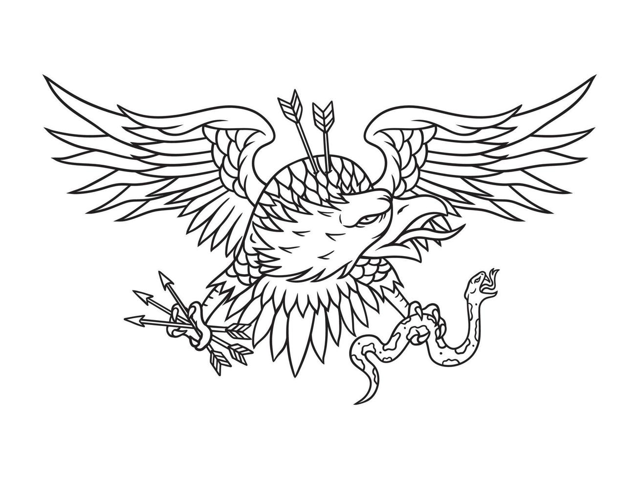 Wild eagle gripping snakes and arrows, Vector line art illustration