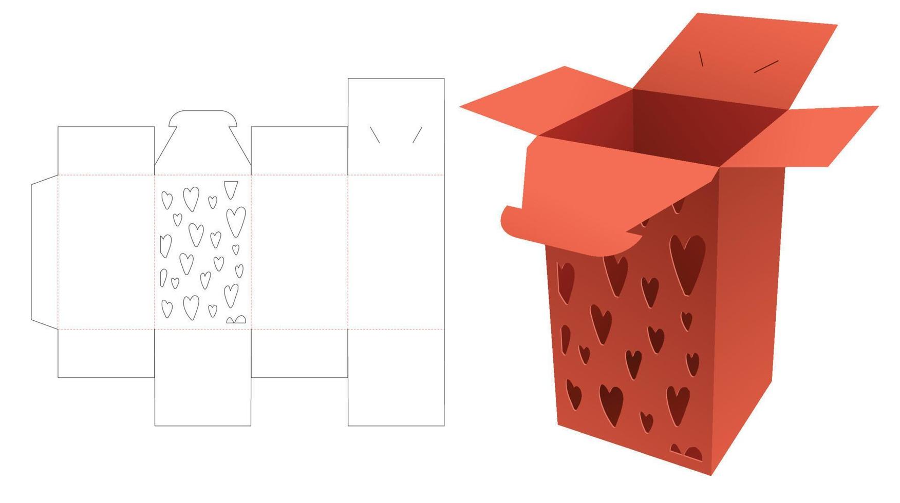 Packaging box with stenciled hearts pattern die cut template and 3D mockup vector