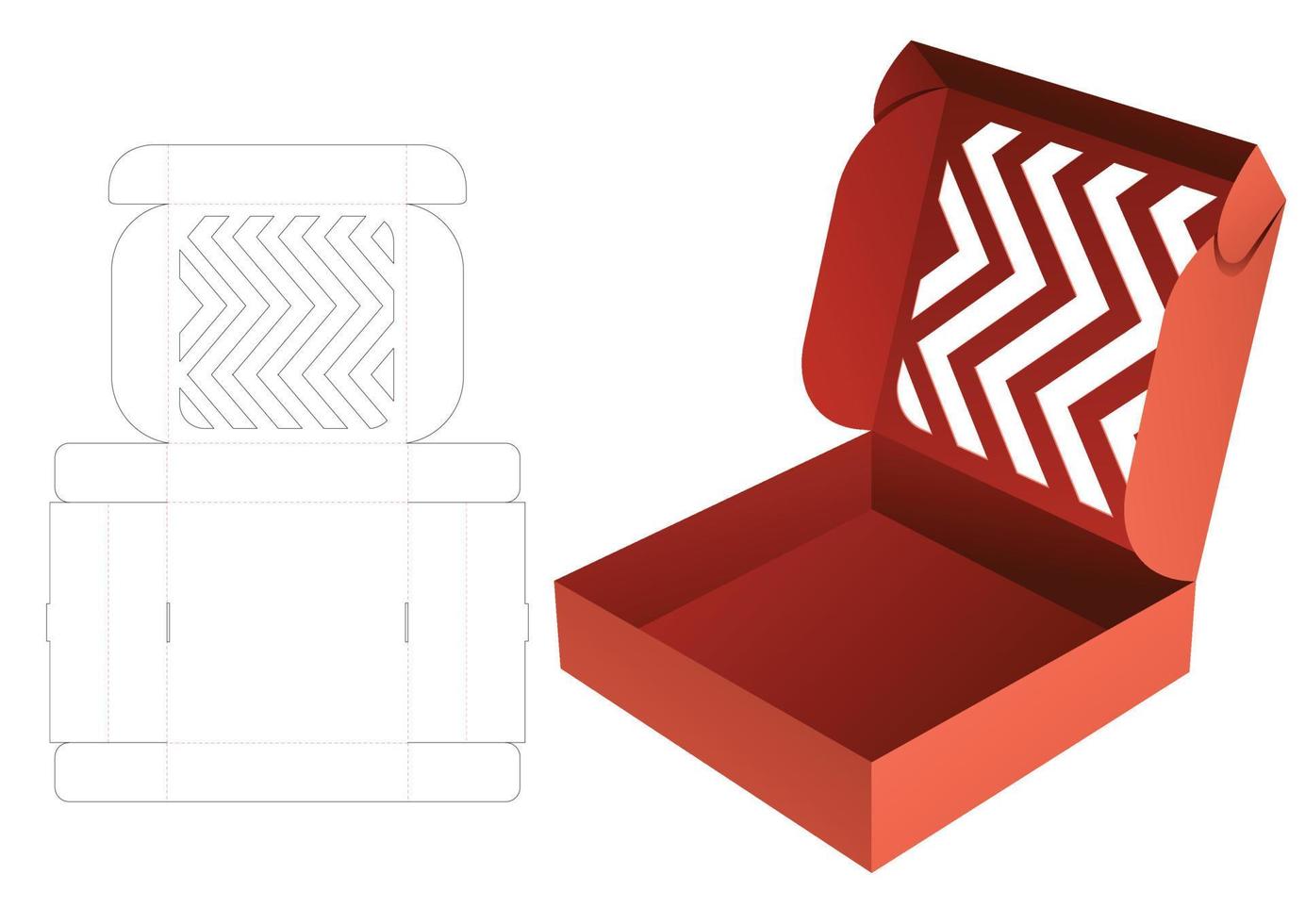 caja de pizza con plantilla troquelada de ventana en forma de zig zag estarcida y maqueta 3d vector