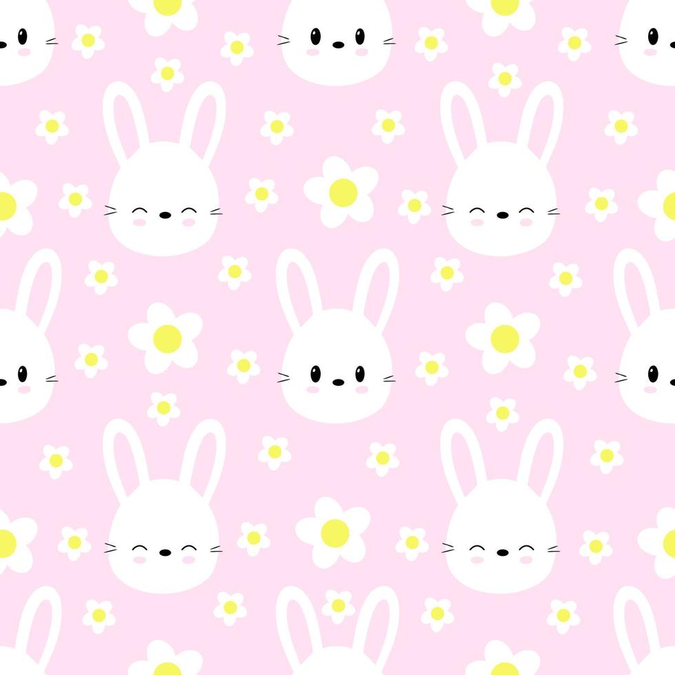 Seamless pattern of cute rabbits on yellow background with flowers. Vector. vector
