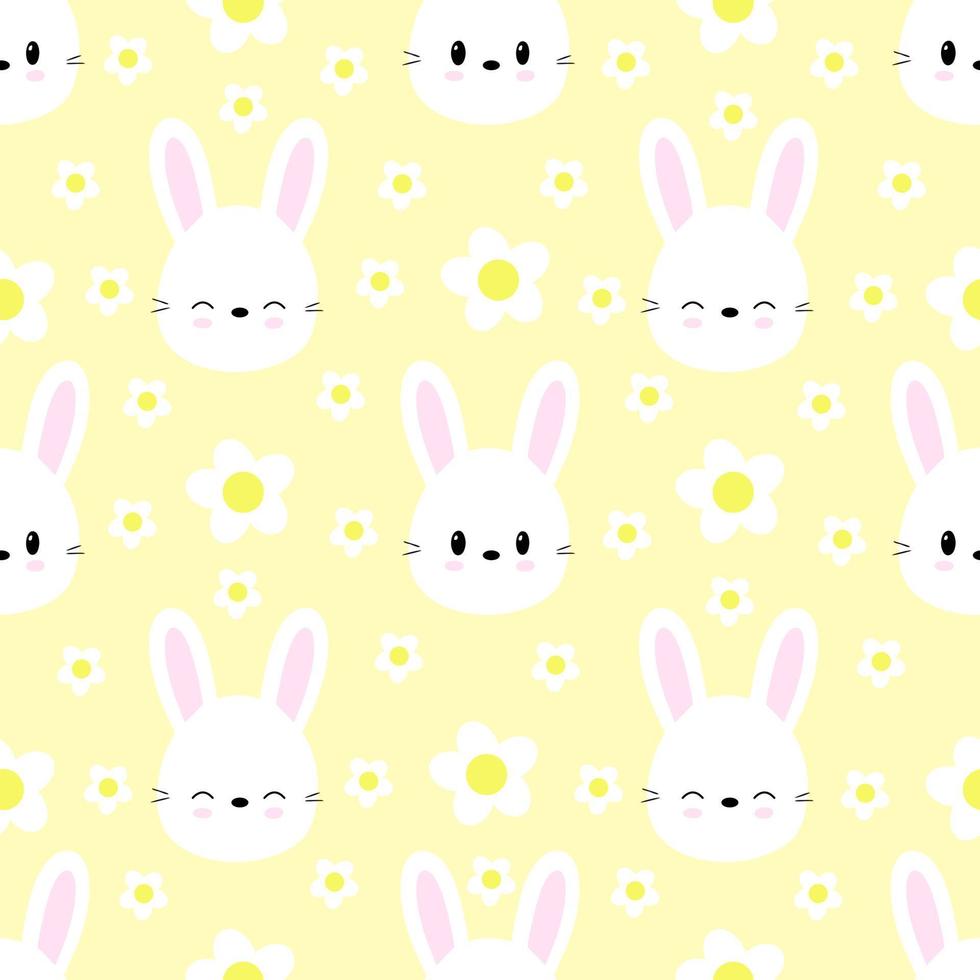 Seamless pattern of cute rabbits on yellow background with flowers. Vector. vector
